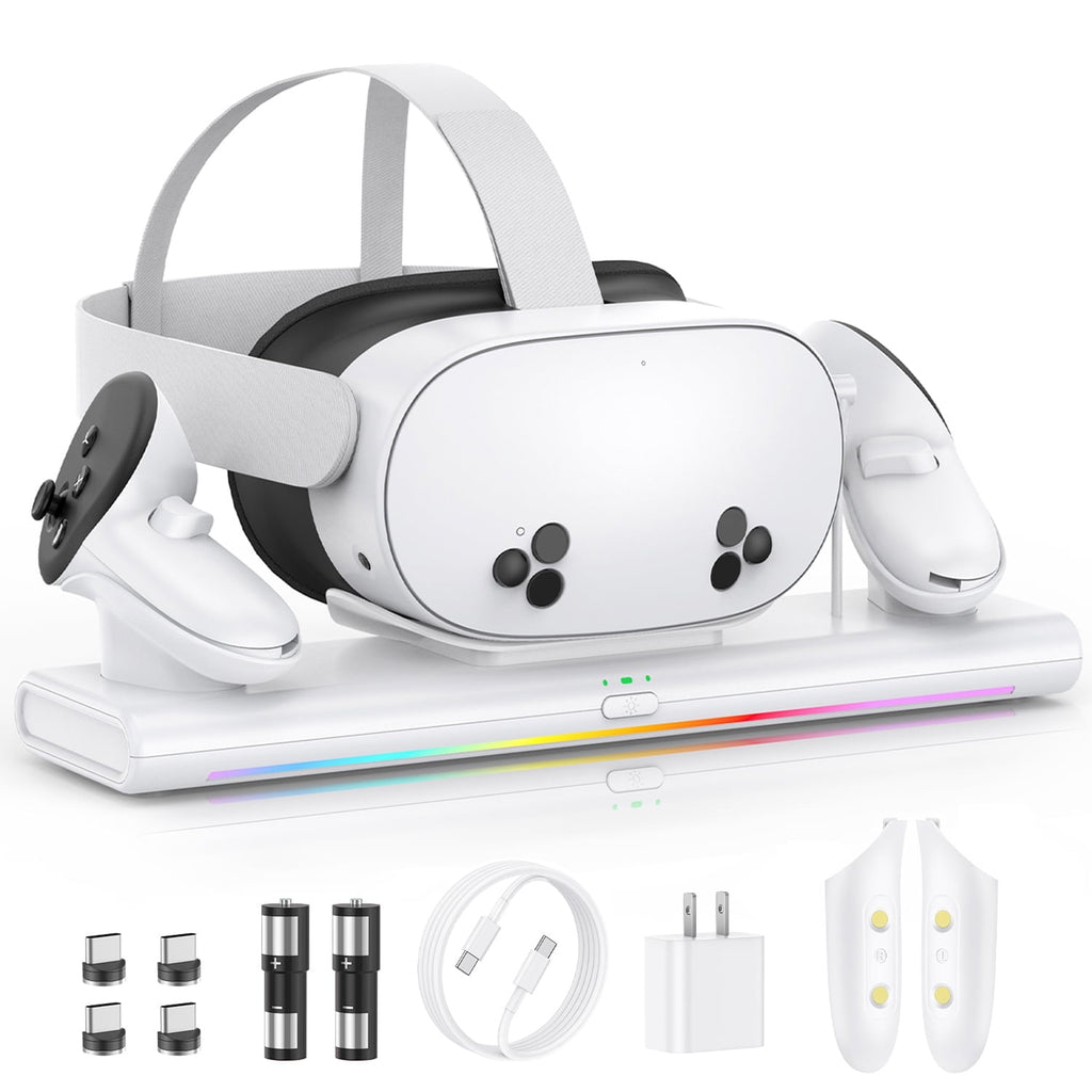 VR Charging Dock for Meta Quest 3S/Quest 3/Quest 2, Magnetic Charging Station for Oculus Quest 3 VR Headset & Controllers, with 2 Rechargeable 2100mAh Batteries, Supports LED Indicator,White