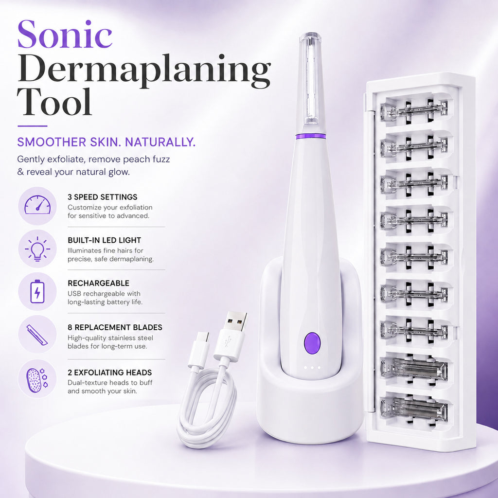 Dermaplane Razor, Sonic Dermaplaning Tool for Peach Fuzz Removal & Facial Hair, Rechargeable Facial Exfoliation Device with LED Light, 3 Speeds, 8 Blades & 2 Microsmooth Exfoliation Tips,White