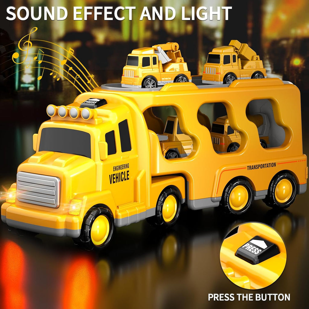 LC-dolida 5 in 1 Construction Car Carrier Truck Toys for 3 4 5 6 Year Old Boys, Friction Power Cars with Excavator,Bulldozer,Crane,Cement tanker, Christmas Birthday Boys for Boys Age 3-9