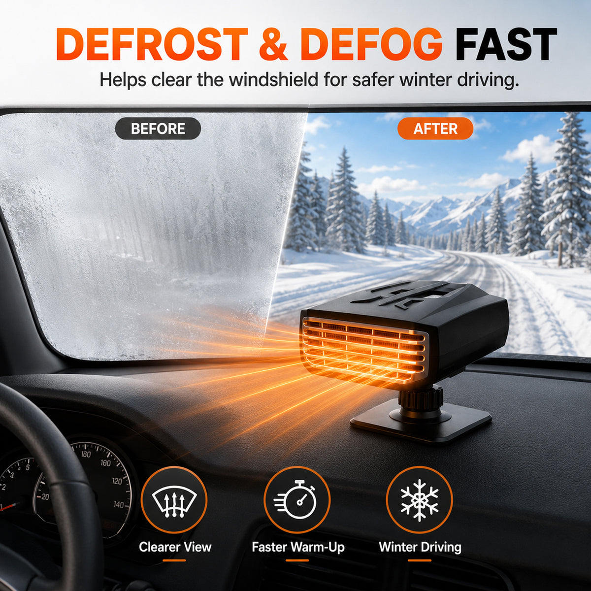 12V Car Heater, 120W Portable Windshield Defogger and Defroster Fast Heating & Cooling Fans with Cigarette Lighter Plug,360° Rotatable Portable Car Heaters for Vehicle, SUV & RV(Black)