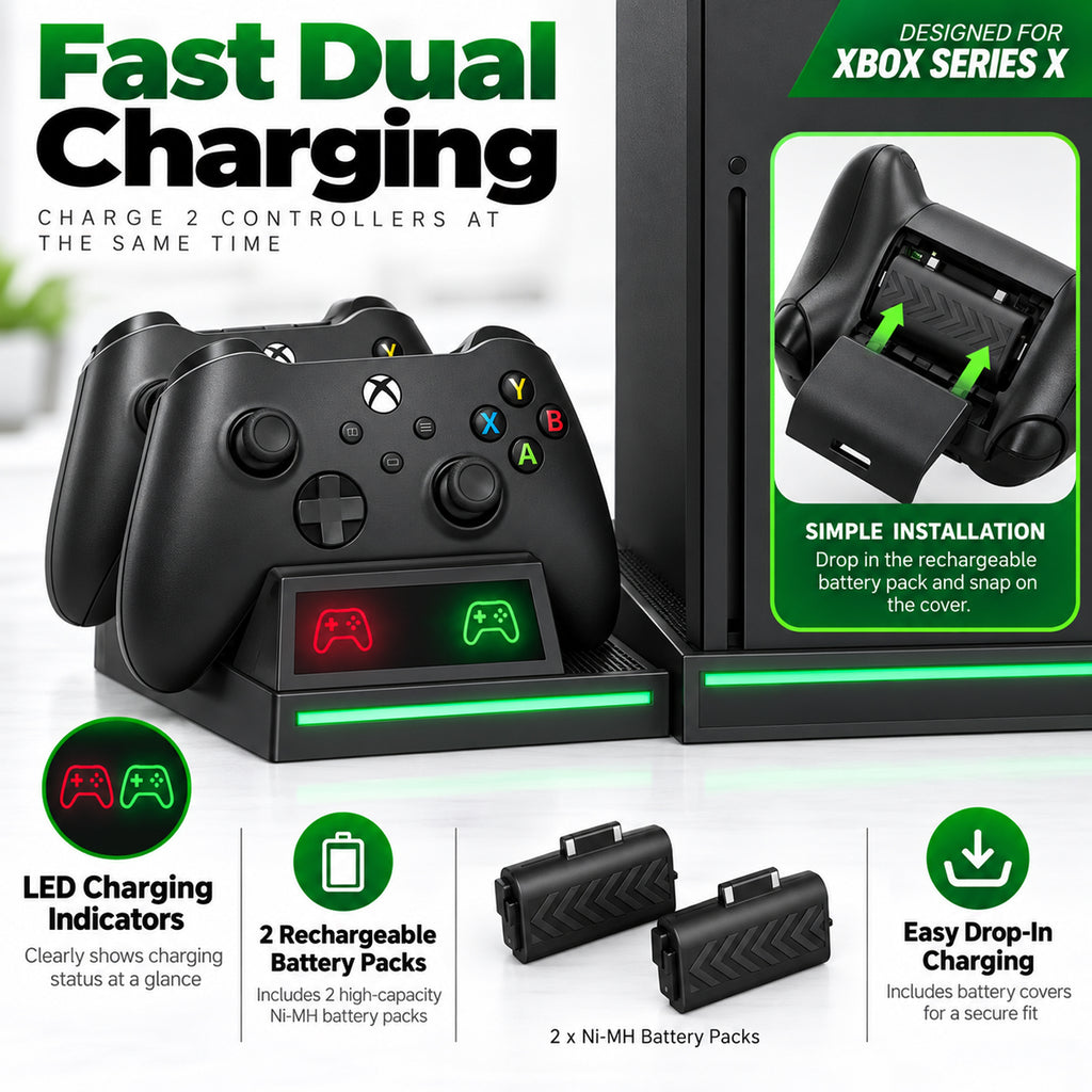 Upgraded Cooling Stand & Charging Station for Xbox Series X Console＆Controller, with 11 RGB Light Modes,2x1400mAh Rechargeable Batteries