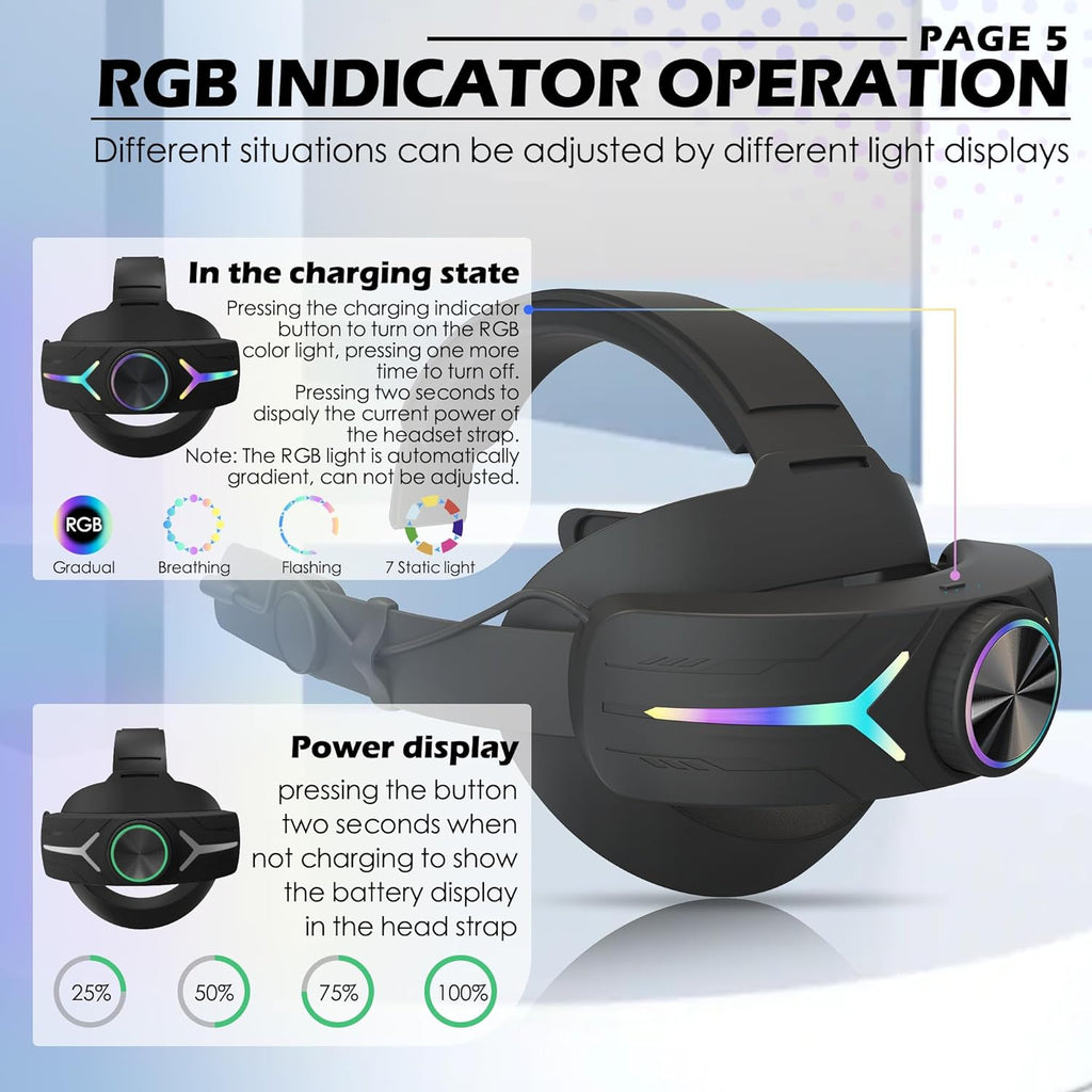 RGB Comfort Battery Head Strap 8000mAh Compatible with Meta Quest 3/Quest 3S Accessories, Battery Pack Elite Strap Replacement for Enhanced Support and Extend Playtime in VR Black