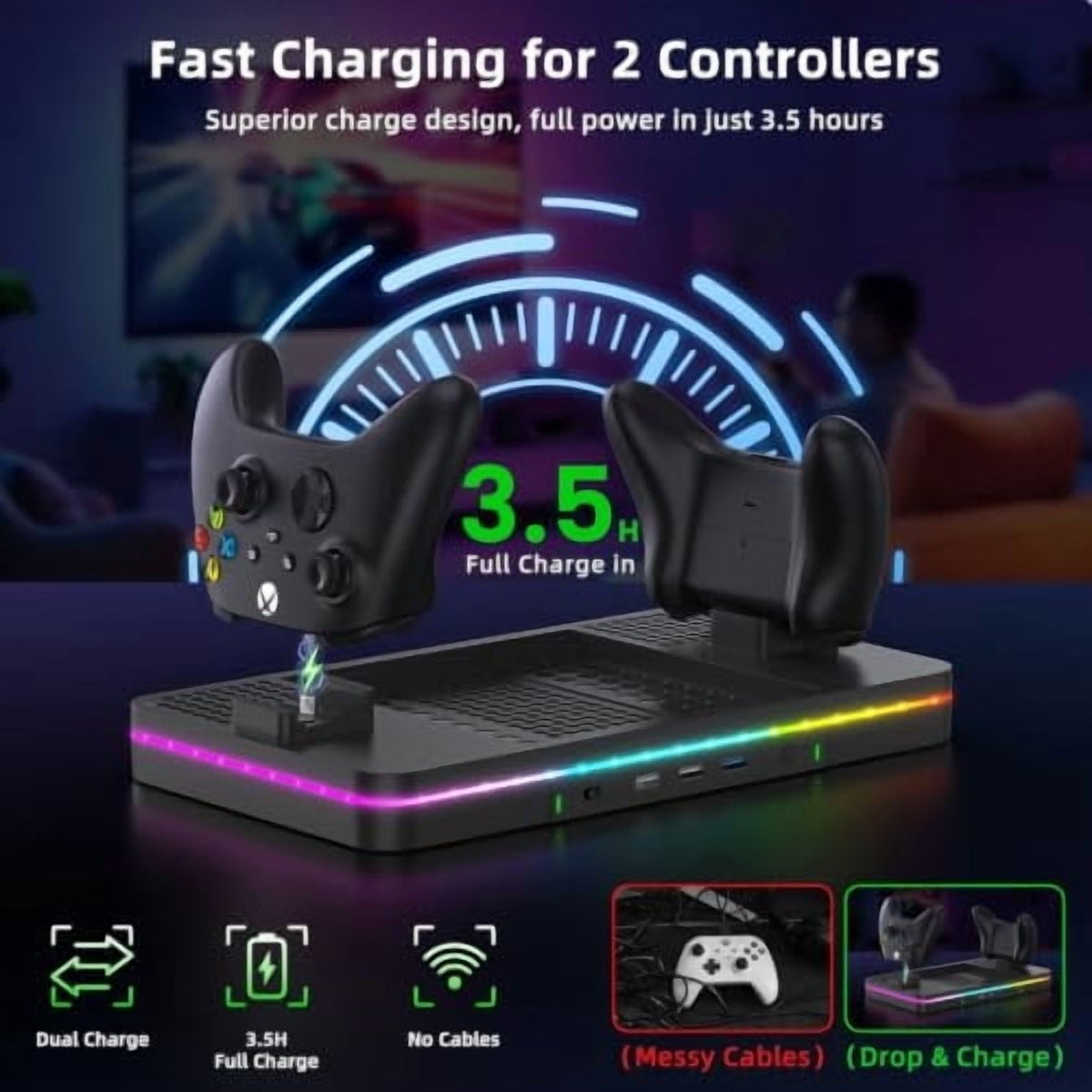 Charging Stand for Xbox Series X/S Console with Cooling Fan Controller Charging Dock and Headset Holder, Xbox Series Accessories with 3 USB Ports, Black