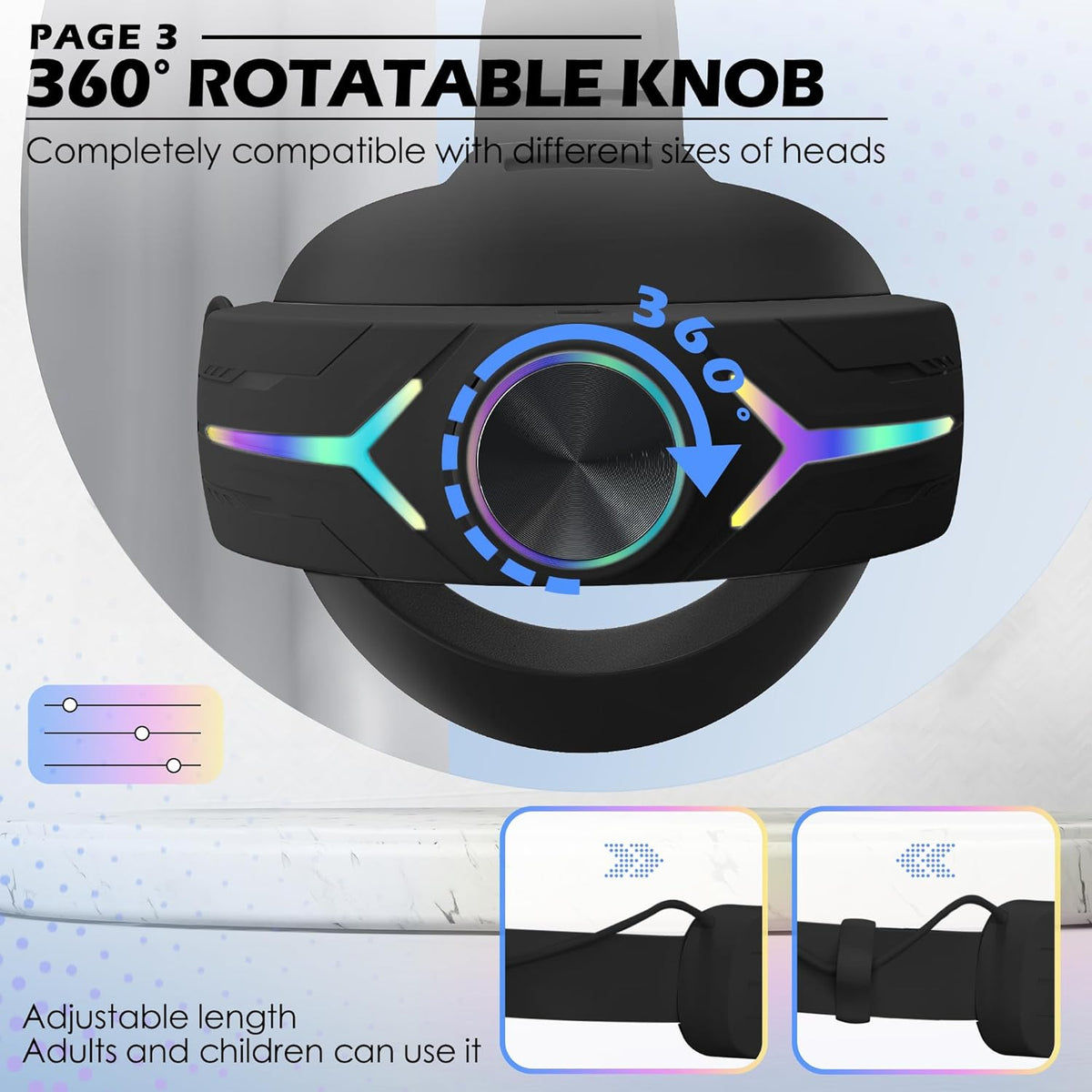 RGB Comfort Battery Head Strap 8000mAh Compatible with Meta Quest 3/Quest 3S Accessories, Battery Pack Elite Strap Replacement for Enhanced Support and Extend Playtime in VR Black