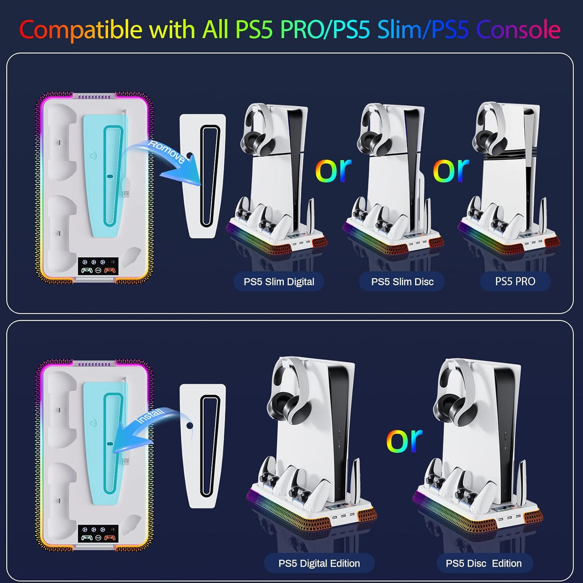 PS5/Pro/Slim Stand and Cooling Station with Controller Charging Station, 3-Level Cooling Fan, Dual PS5 Controller Charger, Headset Holder, Game Storage for PlayStation 5 Digital/Disc Console