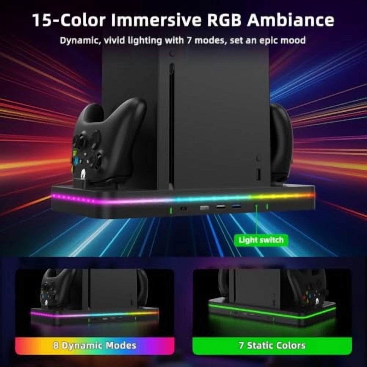 Charging Stand for Xbox Series X/S Console with Cooling Fan Controller Charging Dock and Headset Holder, Xbox Series Accessories with 3 USB Ports, Black