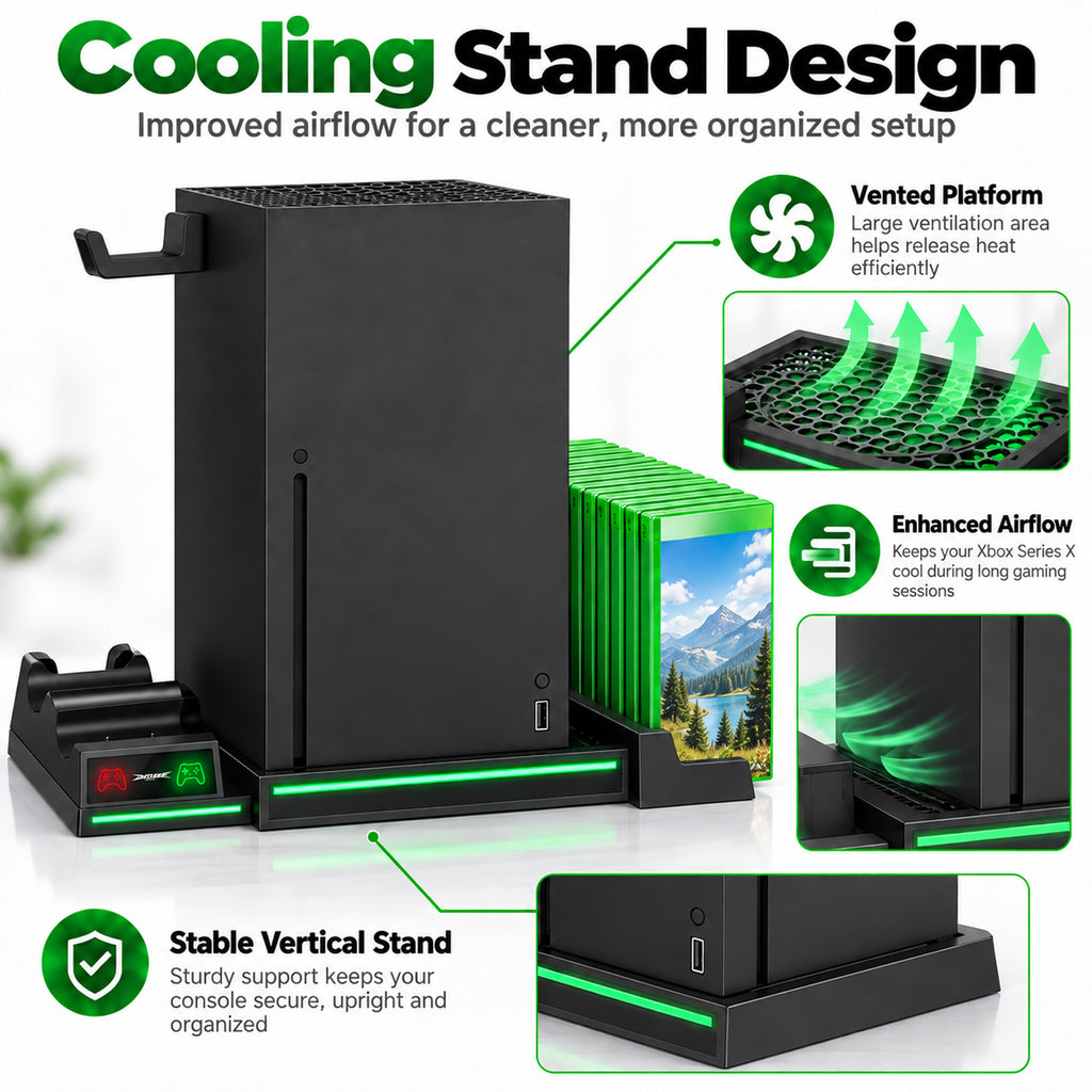 Upgraded Cooling Stand & Charging Station for Xbox Series X Console＆Controller, with 11 RGB Light Modes,2x1400mAh Rechargeable Batteries