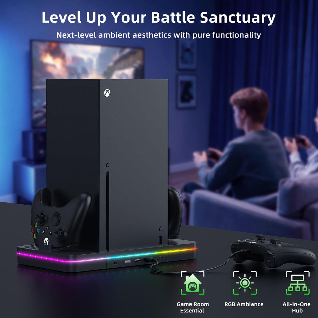 Charging Stand with Cooling Fan, Vertical Stand Compatible with Xbox Series X/S Console&Controller, Dual Controller Charger Station Dock with 3 USB Ports, Black