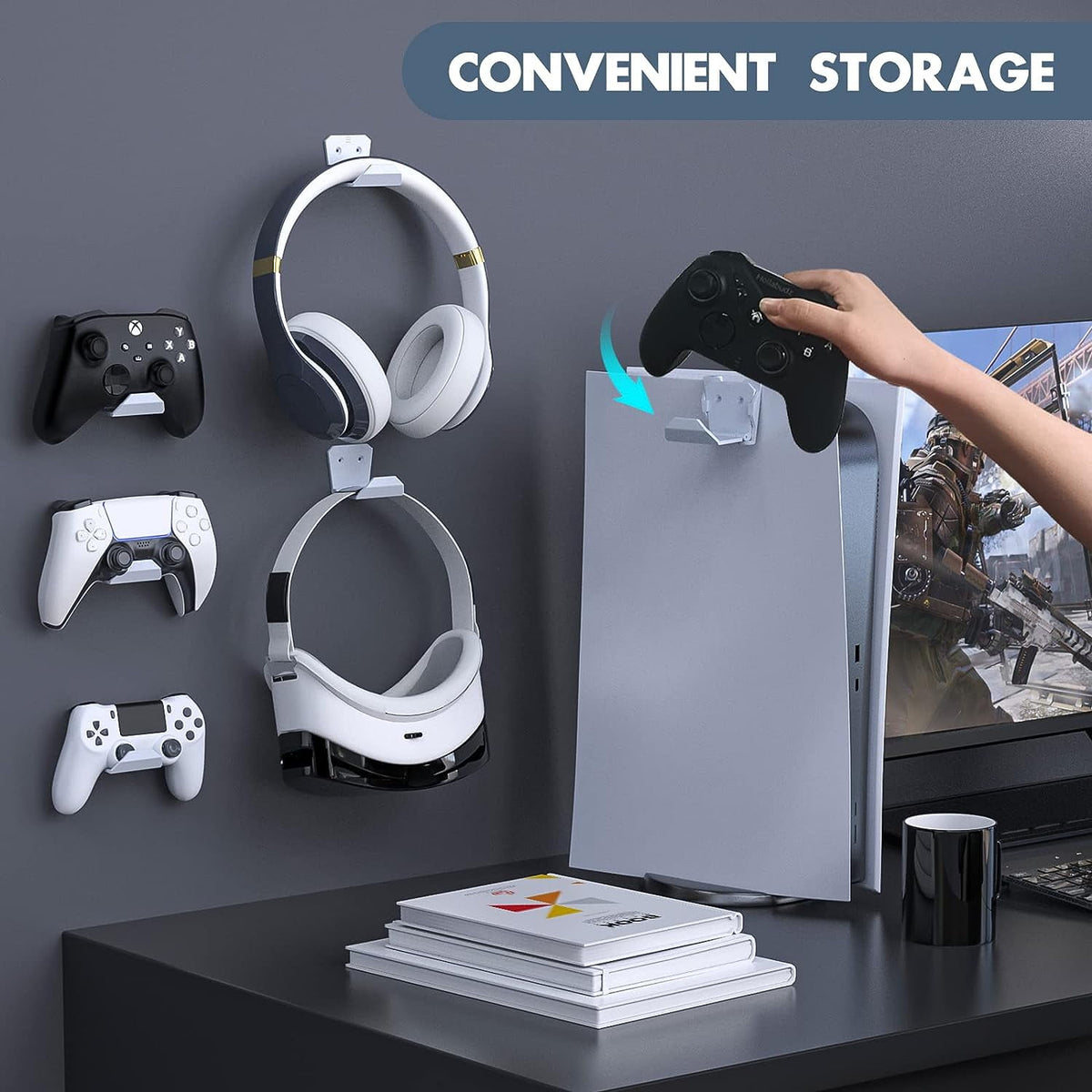 6 Pack Foldable Controller Wall Mount Holder for PS5/PS4/Xbox/Switch Controller Stand Hanger with Anti-slip Pad Universal Gaming Remote & Headphone Accessories