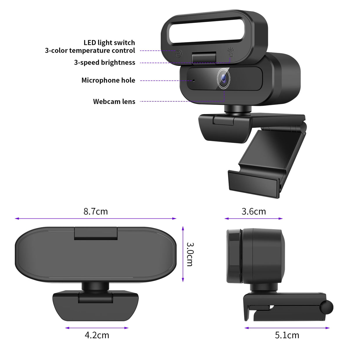Webcam with Microphone 4K USB Webcam for PC Desktop & Laptop Ring Light and 3-Level Brightness Computer Camera with Privacy Cover & Tripod Stand for Computer/PC/Laptop/Desktop