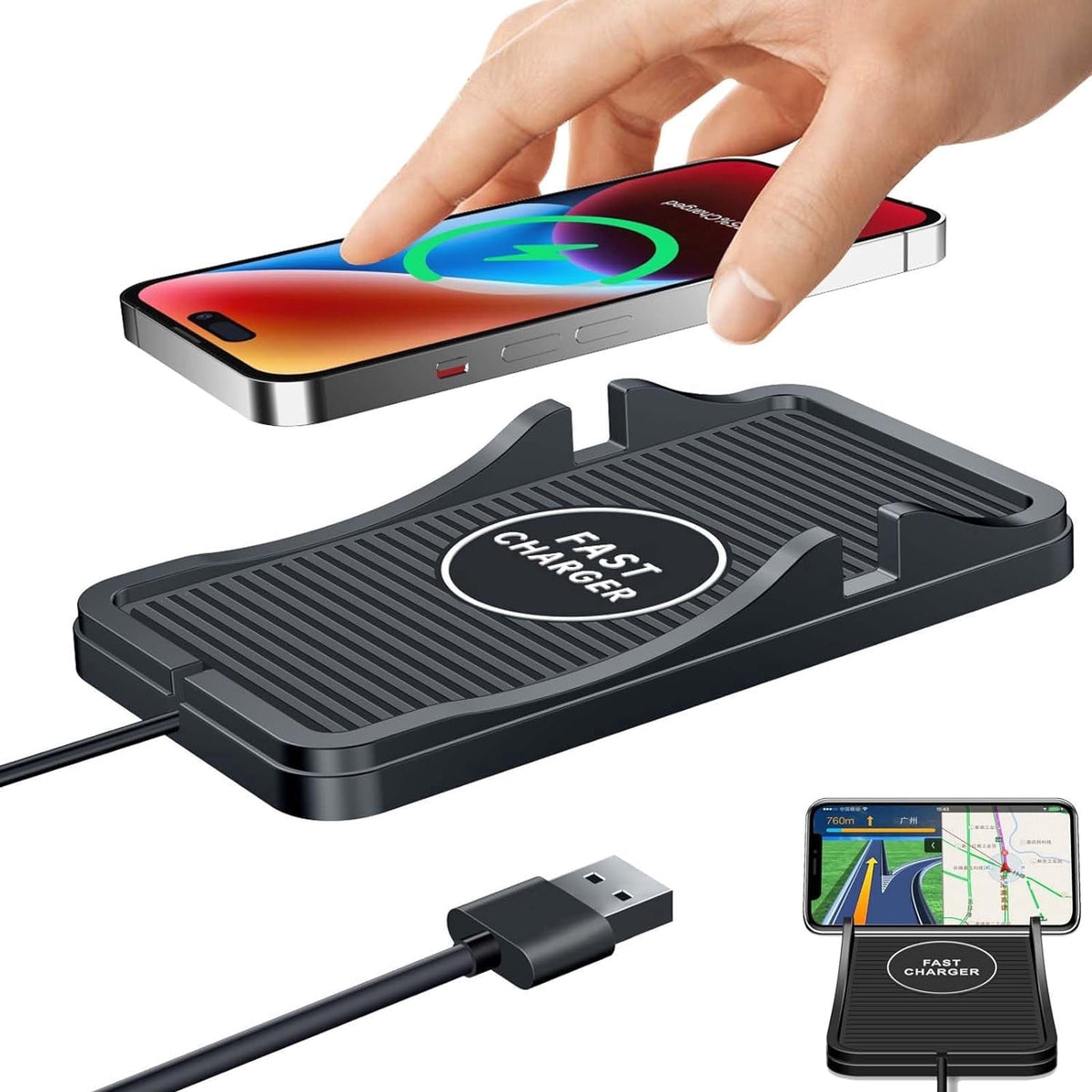 AmzDoer Wireless Car Charger 15W Fast Wireless Charging Station with Non-Slip Pad Wireless Phone Charger Cell Phone Flat Charging mat Compatible