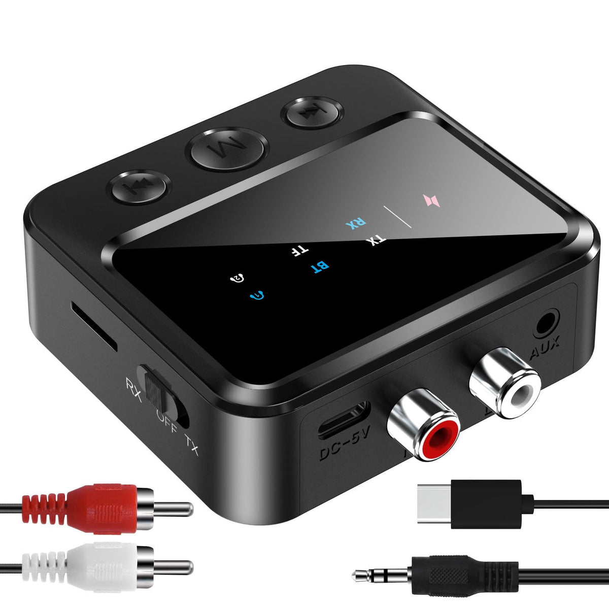 Bluetooth Transmitter Receiver for TV Bluetooth Receiver for Home Stereo with RCA 3.5mm AUX & Display Music Audio Adapter for Headphones/Speakers/Airplane/Home Theater/PC/Car with TF Card Output