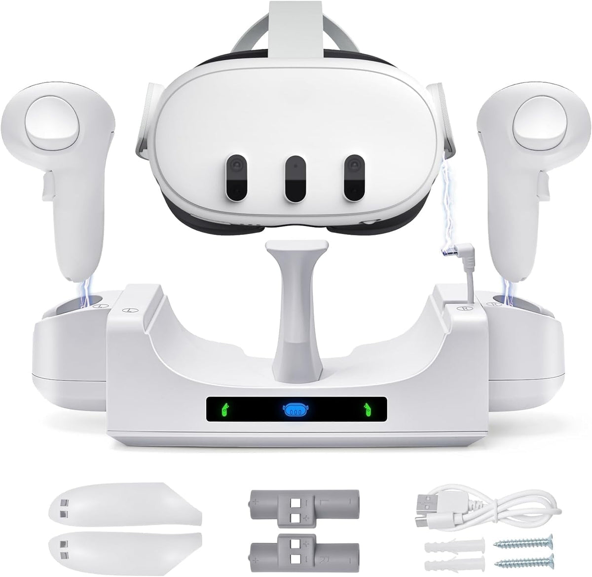Prociv Charging Dock for Oculus/Meta Quest 3 Charging Stand for Meta Quest 3 Controller and Headset with 2 Rechergeable Batteries Battery Cover