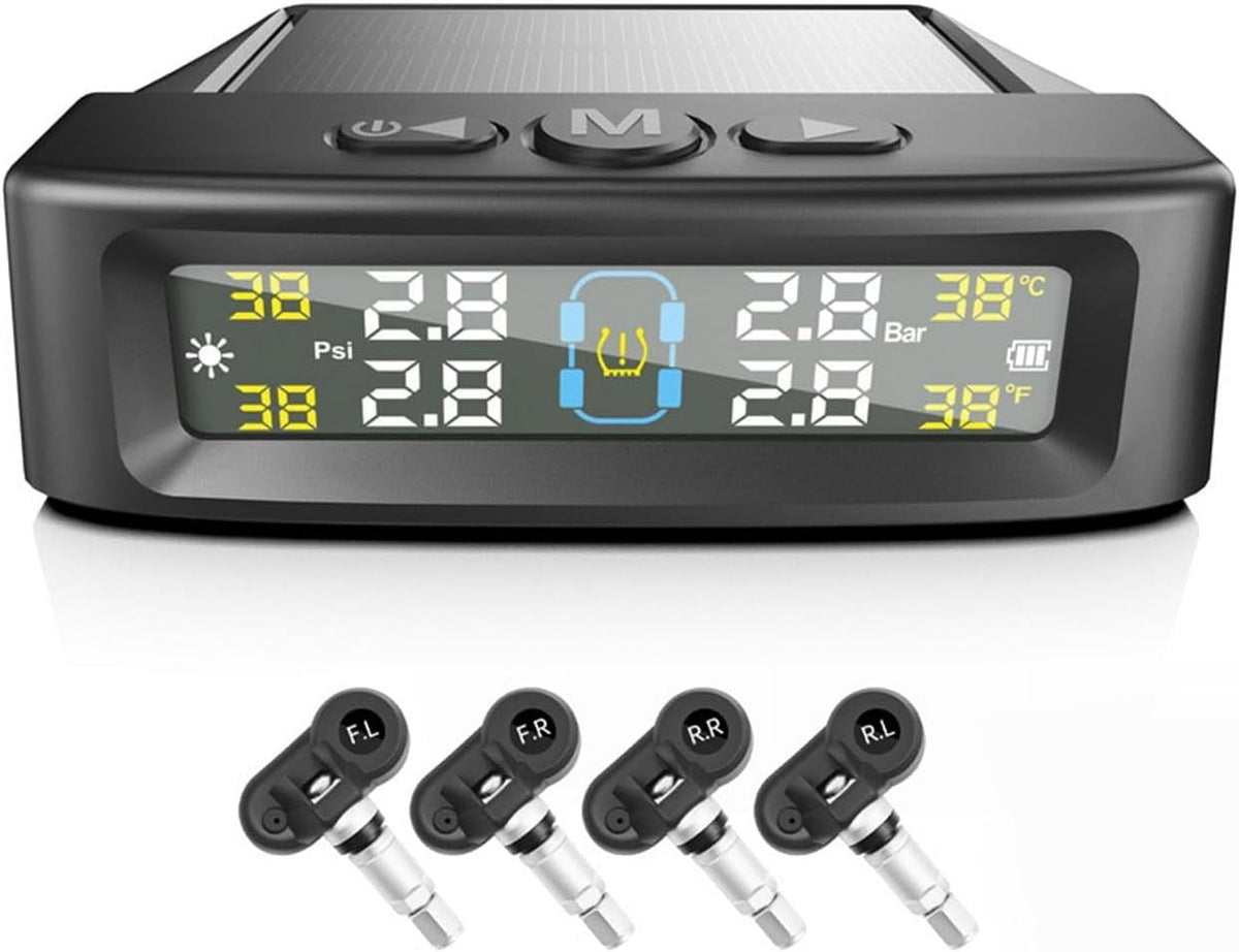 RV Tire Pressure Monitoring System Tire Pressure Monitor with Solar Charge LCD Display Auto Sleep Mode for Trailer Truck Off Road Pickup(4 Sensors Built In Didi Version)
