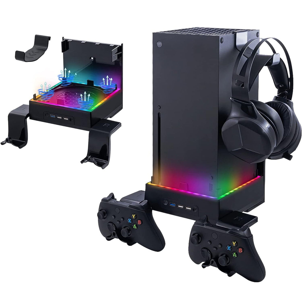 Wiher LED Cooling Stand for Xbox Series X 3-Level Adjustable Dual Cooling Fan Cooler RGB Wall Mount Cooling Station with Controller & Headphone Holder for Xbox Series X