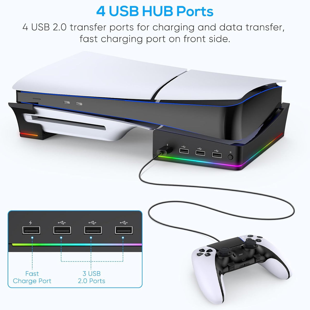 RGB Horizontal Stand for PS5 Pro / Slim Console Accessories with 14 Light Mode and 4 USB Hubs Side Stand for Playstation 5 Pro / Slim Disc & Digital Base Holder with Fast Charging Black